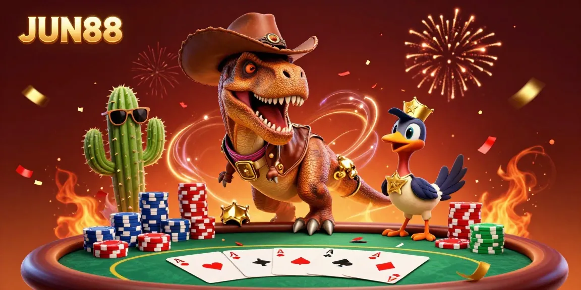 Engage with JUN88 at a wild poker showdown featuring a dinosaur, cactus, and roadrunner.