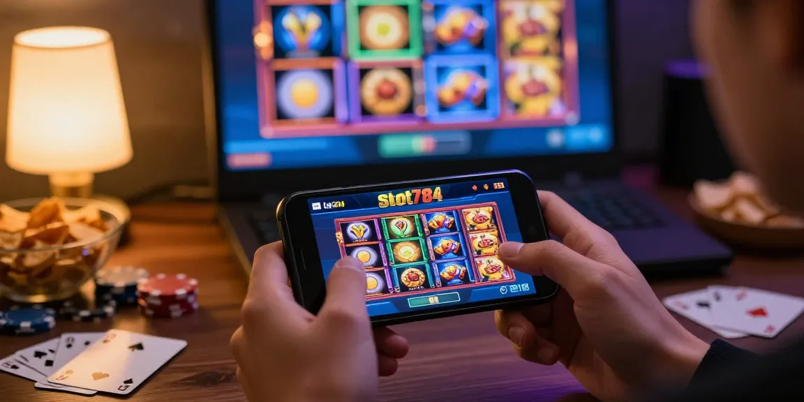 Pengguna Slot784 bermain game slot online di suasana nyaman dengan lampu lembut.