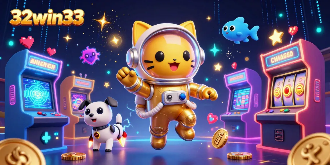 Experience the excitement of 32win33 as a space cat and robot dog play amid cosmic casino gaming elements.