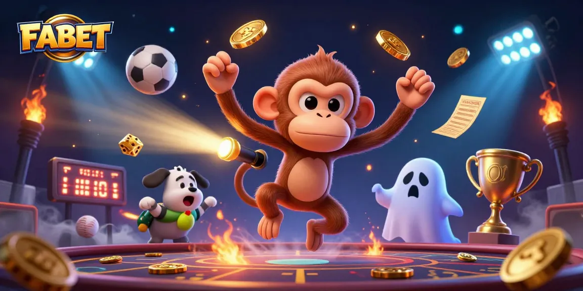 Experience FABET with a mischievous poltergeist monkey juggling in a haunted casino scene.