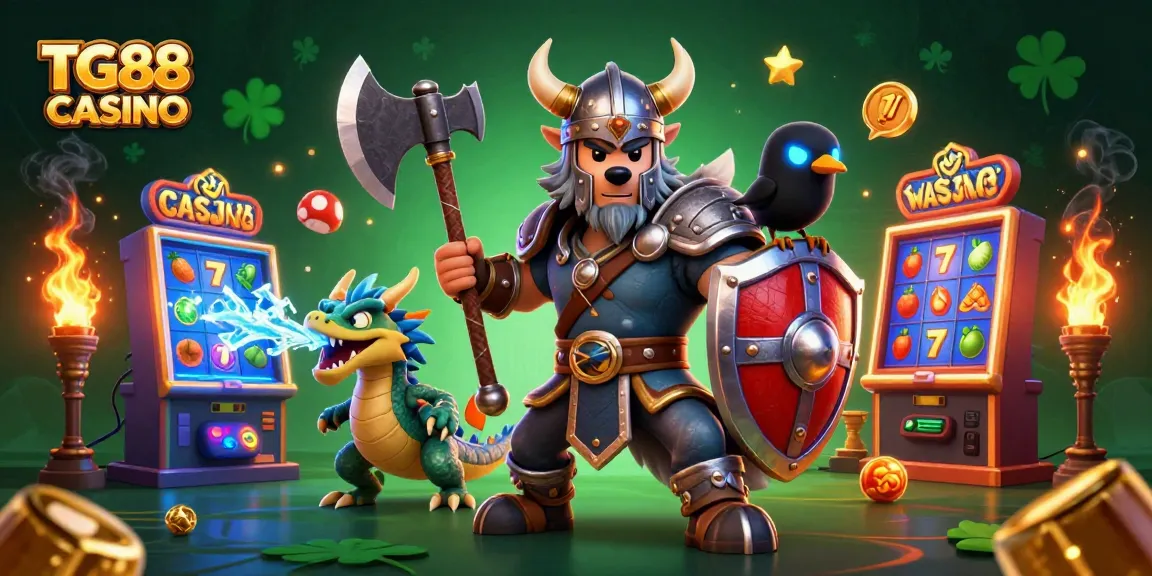 Join the adventure at TG88 CASINO with a lively scene of gaming characters and vibrant slot machines.