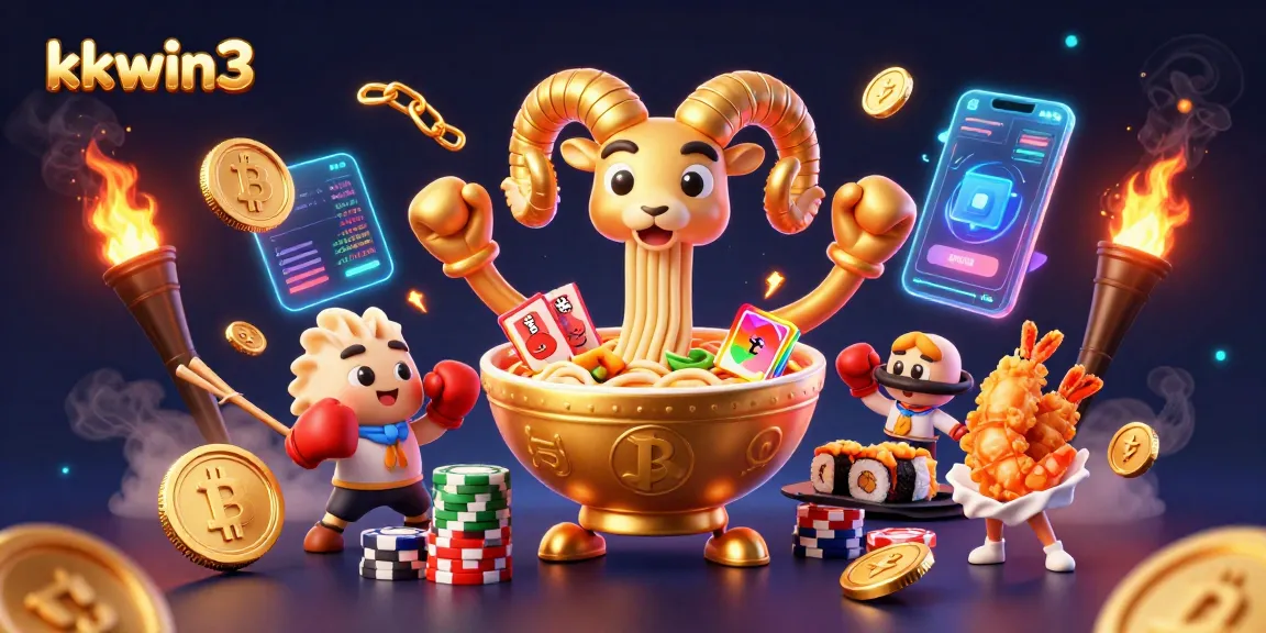 kkwin3 features a vibrant 3D casino scene showcasing a golden ramen bowl dealing cards amidst crypto coins and active gambling elements.