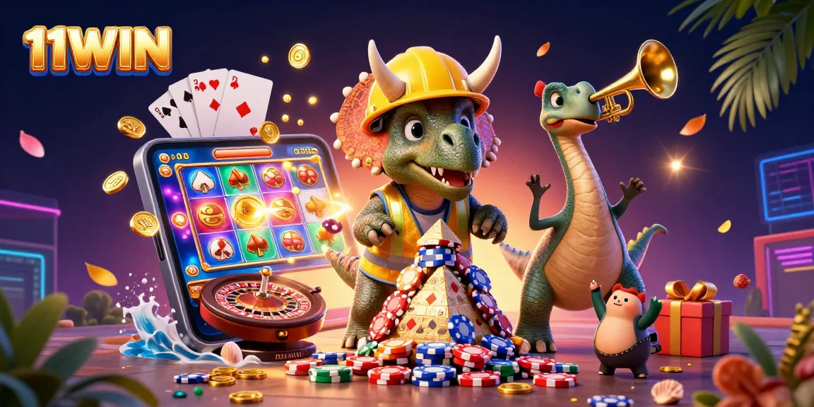 Join the excitement at 11WIN with vibrant casino characters celebrating big wins and spinning slots.