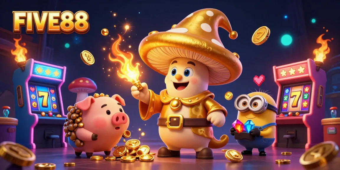 Engage in FIVE88 slots action with a magical mushroom wizard, gold treasures, and 3D arcade elements.