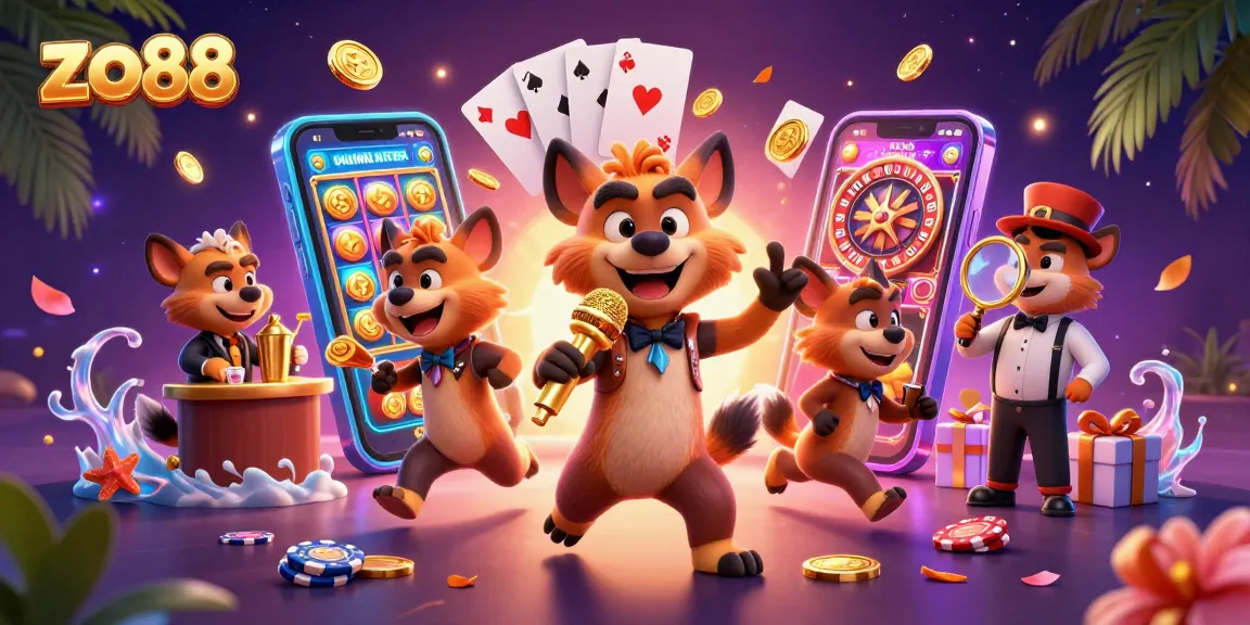 Experience excitement at zo88 with lively hyenas in a dynamic casino scene, showcasing games and fun.