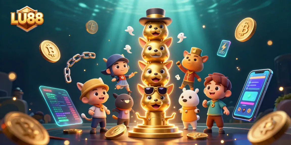 LU88 engages players with vibrant casino elements, featuring crypto coins and a 3D totem pole.
