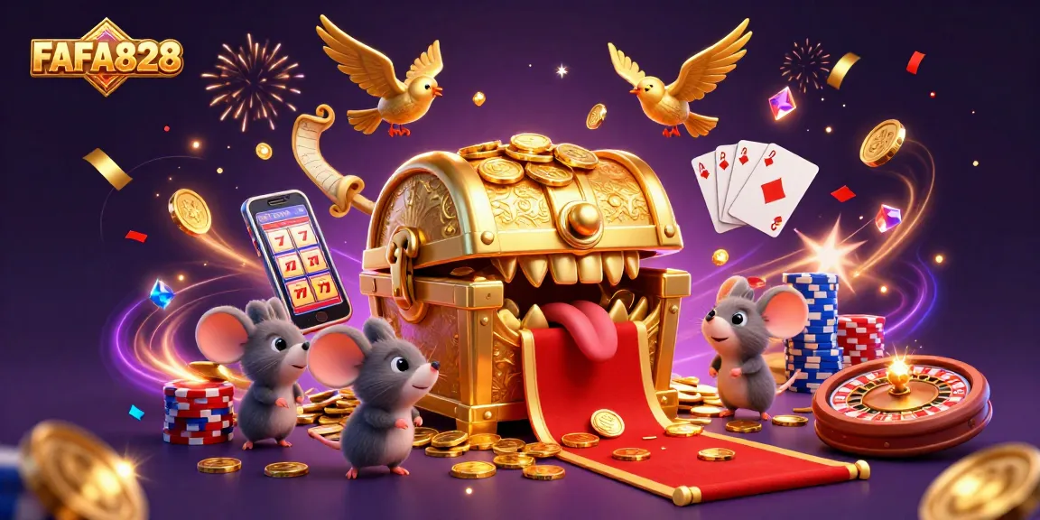 Engaging FAFA828 illustration showcasing a golden treasure chest and adventurous mice in a vibrant casino scene.
