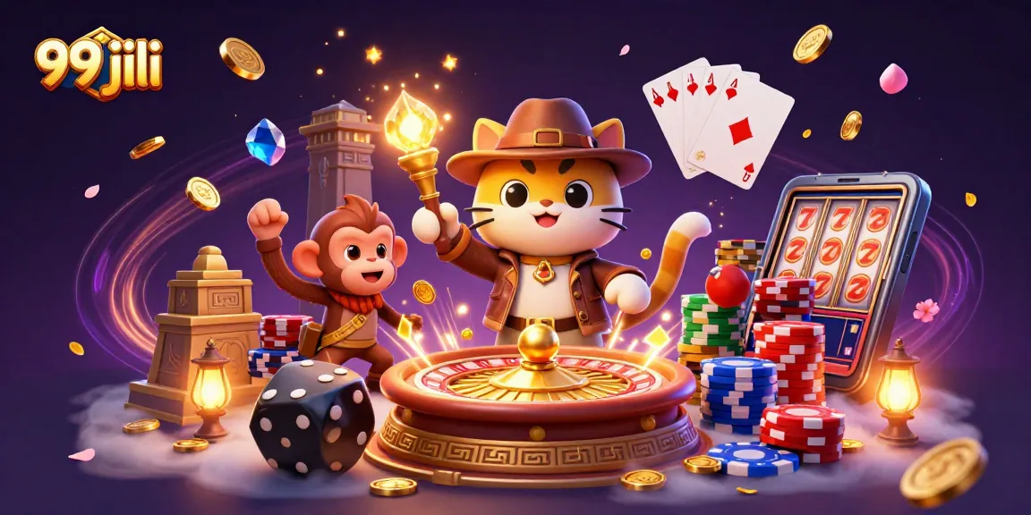 Engaging scene with 99 jili characters exploring golden casino treasures amidst dynamic gambling elements.