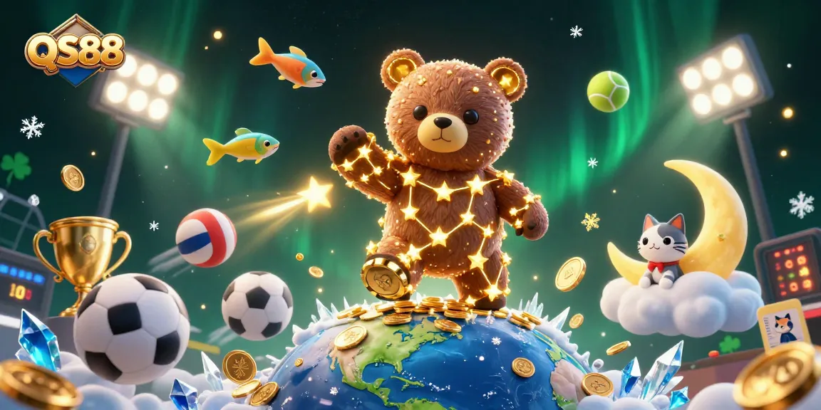 Join the excitement at QS88 with golden coins and sports elements flying around a constellation bear!