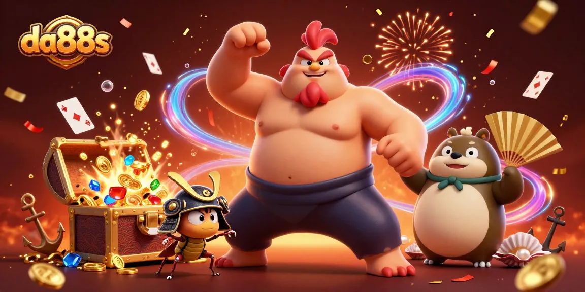 Engage with da88s as a powerful sumo rooster battles alongside a fierce samurai cricket in an exciting casino scene.