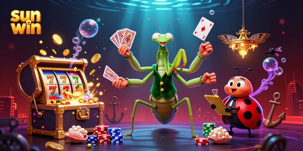 Experience excitement at sun win casino with vibrant characters amidst slot machine riches.