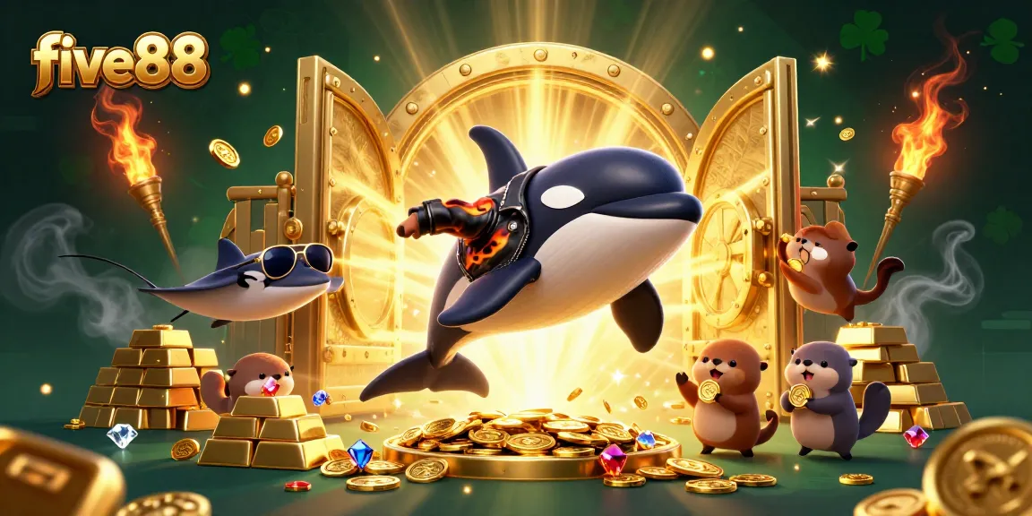 Sea otters, an orca whale, and a stingray celebrate in five88's vibrant casino treasure scene.
